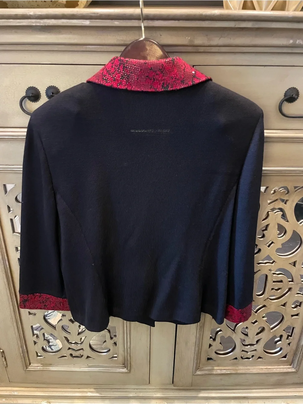 St. John black sweater Jacket with Red Snake-Print Trim - Picture 2 of 5